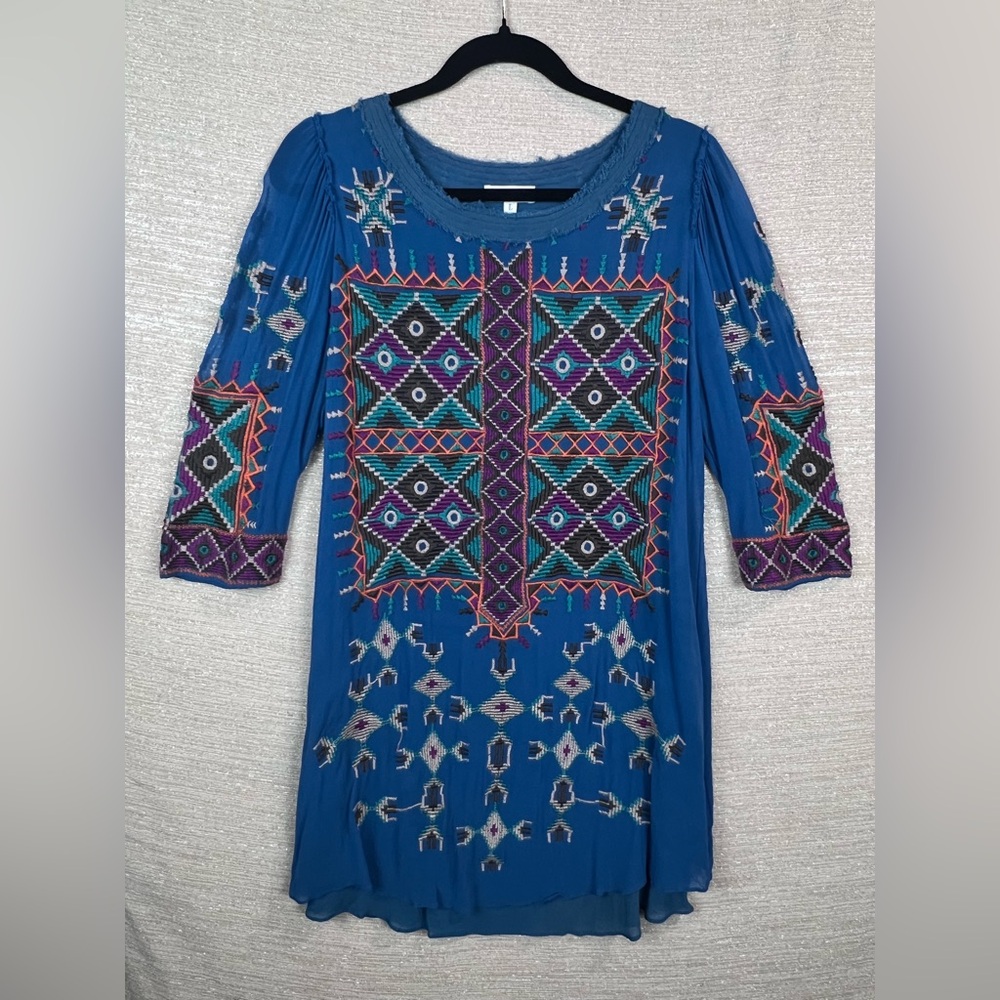 Crème Fraiche Size L Long Sleeve Native Aztec Style Shirt Tunic Blouse